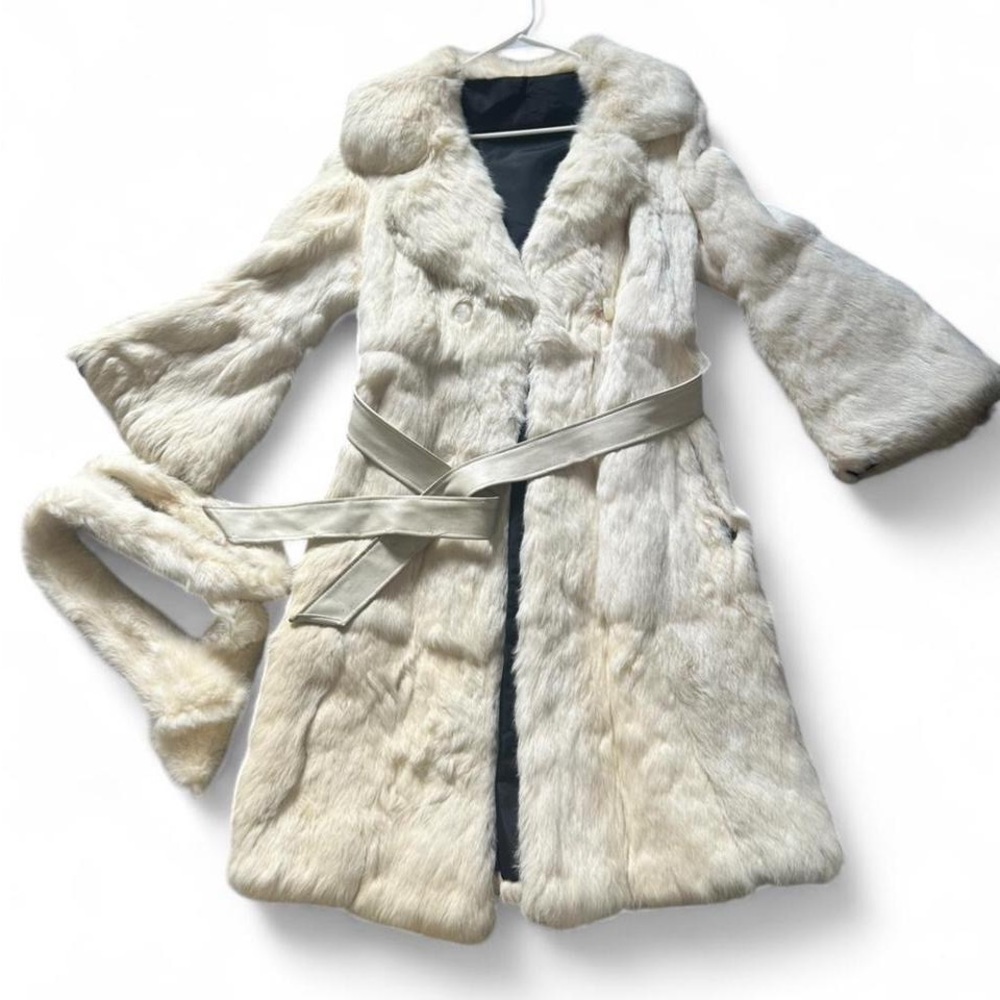Vintage Ivory Rabbit Fur Coat Penny Lane Style Belted Long Coat Boho 70s Small